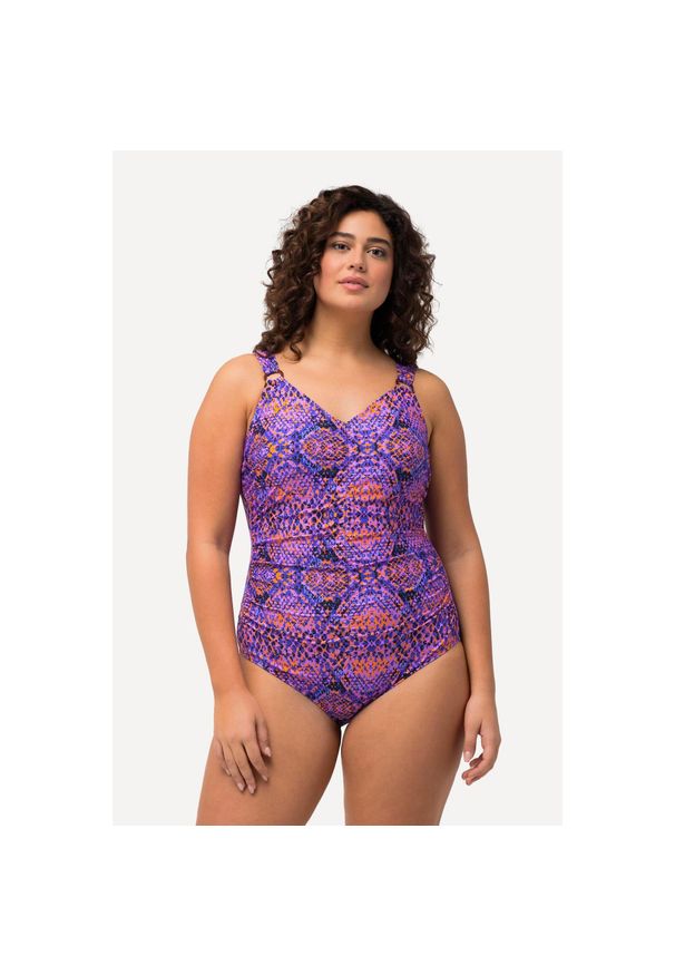 ULLA POPKEN - Damskie Kostium kąpielowy marszczenie miękkie miseczki ozdobne kółka. Kolekcja: plus size. Kolor: czarny. Materiał: poliamid, materiał, elastan