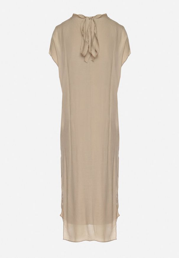 Born2be - Beżowa Sukienka Pudełkowa Ozdobiona Wiązaniem Napelira. Okazja: na co dzień. Kolor: beżowy. Materiał: jeans. Wzór: aplikacja. Styl: klasyczny, casual, elegancki