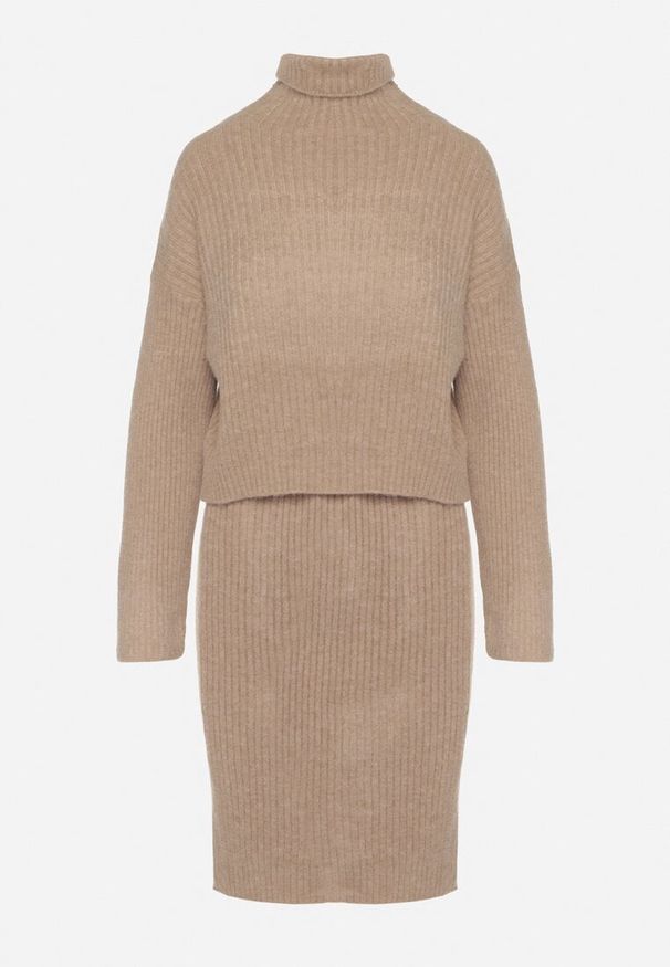 Born2be - Ciemnobeżowy Komplet Dzianinowy z Wełną i Bawełną Golf i Dopasowana Sukienka Reilaia. Kolor: beżowy. Materiał: wełna, bawełna, dzianina. Sport: golf