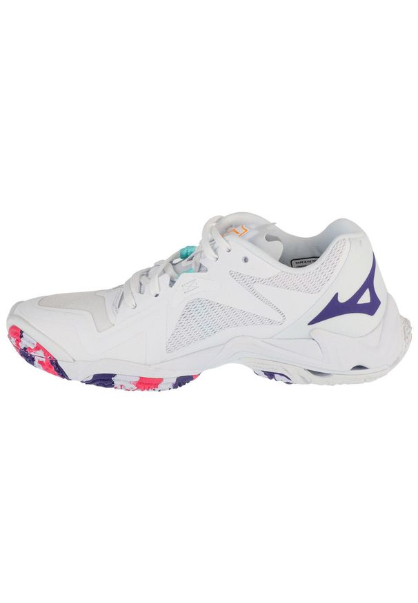 Mizuno - Buty do siatkówki damskie, Wave Lightning Z8. Kolor: biały, wielokolorowy, fioletowy. Materiał: guma, skóra, tkanina, materiał, syntetyk. Model: Mizuno Wave. Sport: siatkówka
