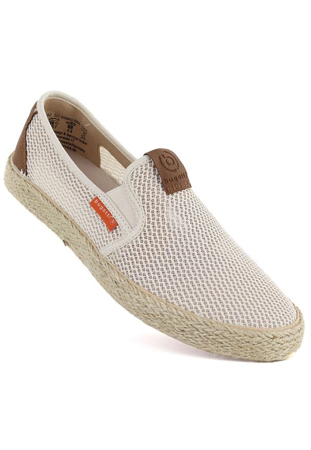 Półbuty męskie espadryle wsuwane beżowe Bugatti TT15305. Zapięcie: bez zapięcia. Kolor: beżowy. Materiał: tkanina. Wzór: ażurowy, aplikacja. Styl: elegancki