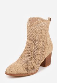 Born2be - Ciemnobeżowe Botki Kowbojki VICES na Stożku z Ażurową Cholewką Azivessa. Okazja: na co dzień. Kolor: beżowy. Materiał: jeans. Szerokość cholewki: normalna. Wzór: ażurowy. Sezon: wiosna. Obcas: na stożku. Styl: casual, klasyczny, boho #5