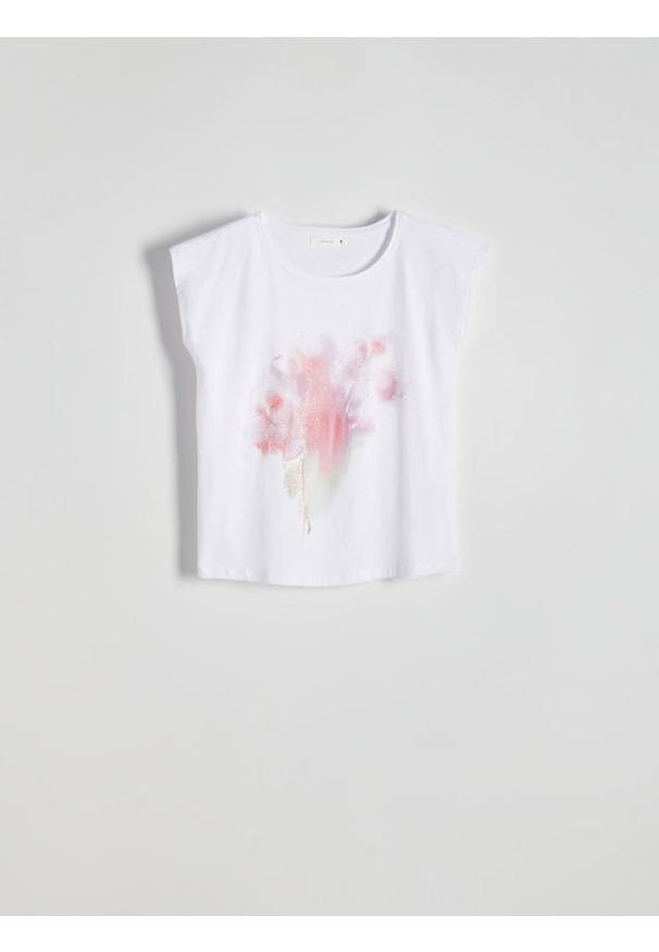 Reserved - T-shrt kimono z nadrukiem - biały. Kolor: biały. Materiał: bawełna, dzianina. Wzór: nadruk