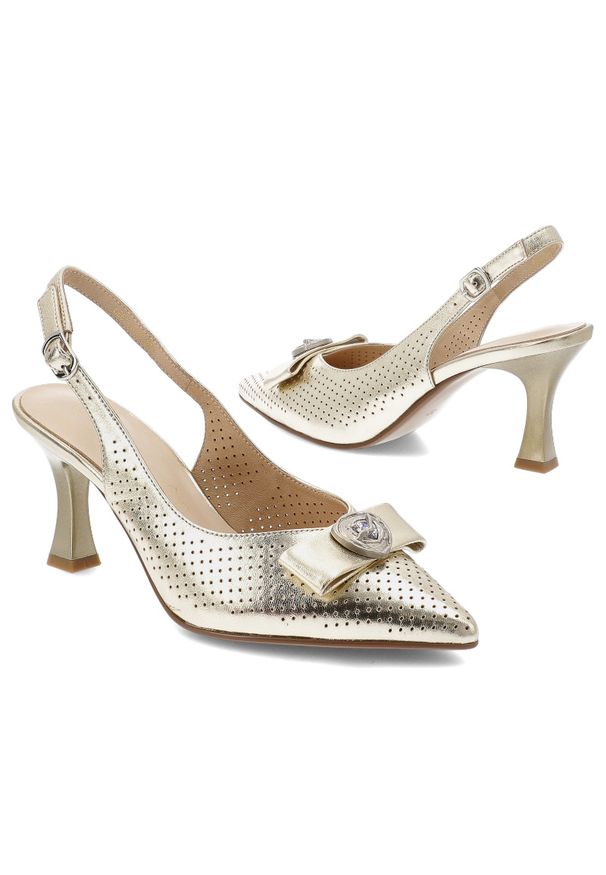 Czółenka damskie S.Barski, cholewka ze skóry naturalnej z odkrytą piętą na smukłym obcasie z ażurową cholewką i elegancką kokardą, złote, CR61-3119. Kolor: złoty. Materiał: skóra. Szerokość cholewki: normalna. Wzór: ażurowy. Obcas: na obcasie. Styl: elegancki. Wysokość obcasa: średni