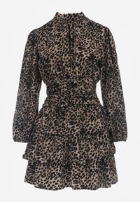 Renee - Brązowa Mini Sukienka o Rozkloszowanym Fasonie w Cętki z Falbankami Gerttera. Okazja: na co dzień. Typ kołnierza: kołnierz z falbankami. Kolor: brązowy. Długość rękawa: na ramiączkach. Styl: casual, klasyczny. Długość: mini #4