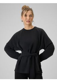 4f - 4F Bluza regular z wiązaniem i modalem damska - czarna XS. Okazja: na co dzień, do domu. Kolor: czarny. Materiał: dzianina, materiał. Długość rękawa: raglanowy rękaw. Wzór: gładki. Styl: casual #1