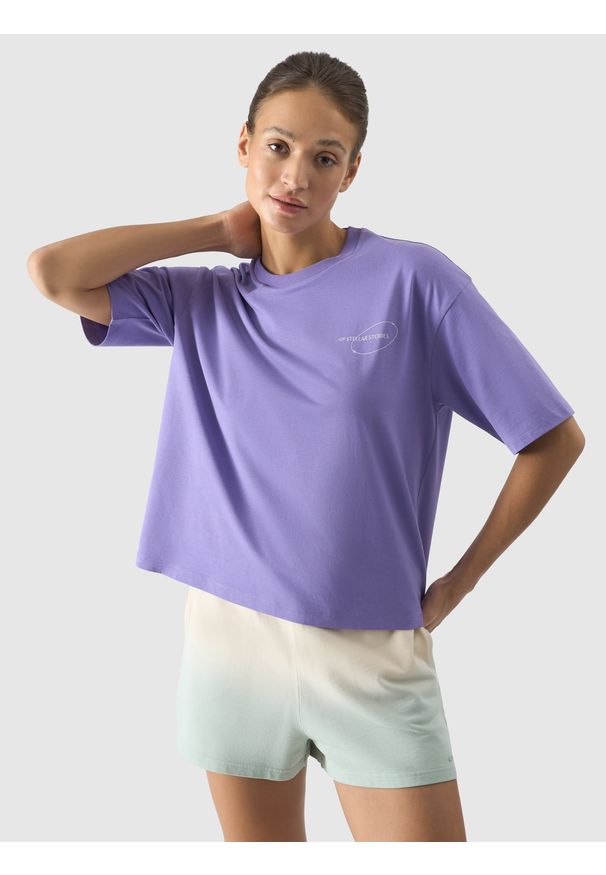 4f - 4F T-shirt oversize z nadrukiem damski - fioletowy L. Okazja: na co dzień. Kolor: fioletowy. Materiał: bawełna, jersey, skóra, dzianina. Wzór: nadruk. Styl: klasyczny, sportowy, casual