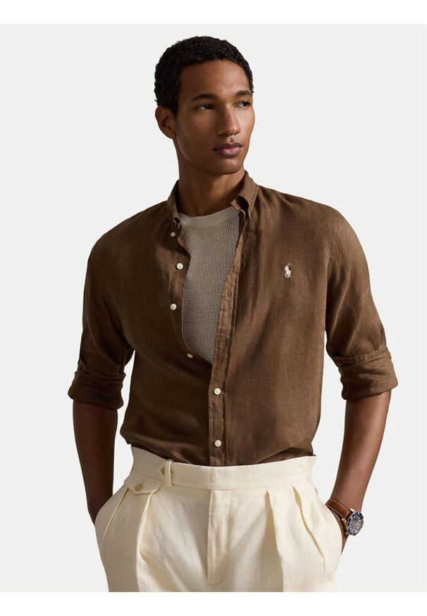 Polo Ralph Lauren Koszula 710968915500 Brązowy jasny Slim Fit. Typ kołnierza: polo. Kolor: brązowy. Materiał: len
