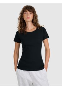 4f - 4F T-shirt regular z prążkowanej dzianiny damski - czarny M. Okazja: na co dzień. Kolor: czarny. Materiał: prążkowany, dzianina. Długość rękawa: raglanowy rękaw. Wzór: prążki. Styl: casual, klasyczny, sportowy #1