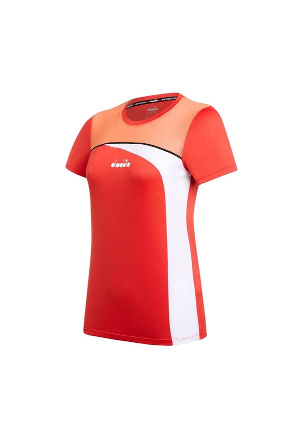 Koszulka tenisowa damska z krótkim rękawem Diadora L. SS T-Shirt. Kolor: pomarańczowy, biały, czerwony, wielokolorowy. Długość rękawa: krótki rękaw. Długość: krótkie. Sport: tenis