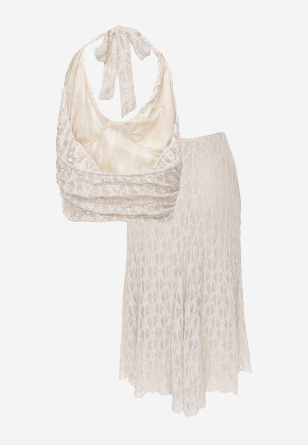 Born2be - Beżowy Koronkowy Komplet Top Wiązany na Szyi i Spódnica Corinatea. Kolor: beżowy. Materiał: koronka