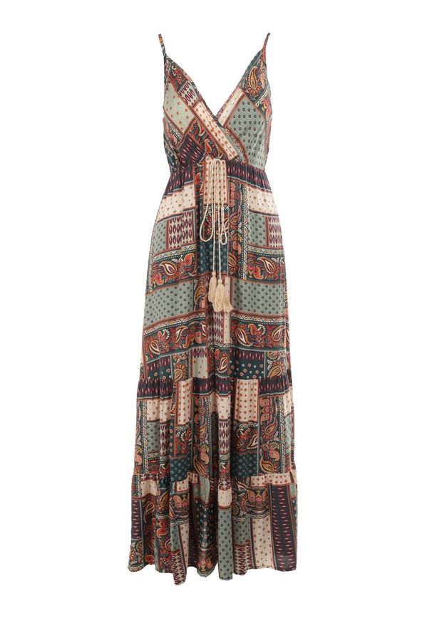 Born2be - Zielona Sukienka Hickey. Kolor: zielony. Długość rękawa: na ramiączkach. Wzór: aplikacja. Typ sukienki: kopertowe. Styl: boho. Długość: maxi