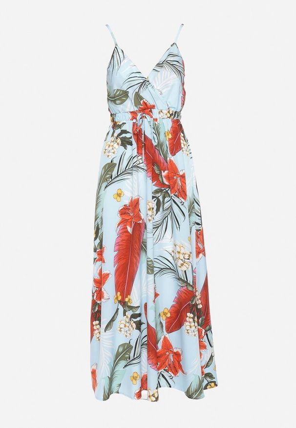 Born2be - Jasnoniebieska Sukienka z Wiskozy o Rozkloszowanym Kroju i Kopertowym Dekolcie na Ramiączkach Gilinestia. Okazja: na co dzień. Kolor: niebieski. Materiał: wiskoza. Długość rękawa: na ramiączkach. Typ sukienki: kopertowe. Styl: casual