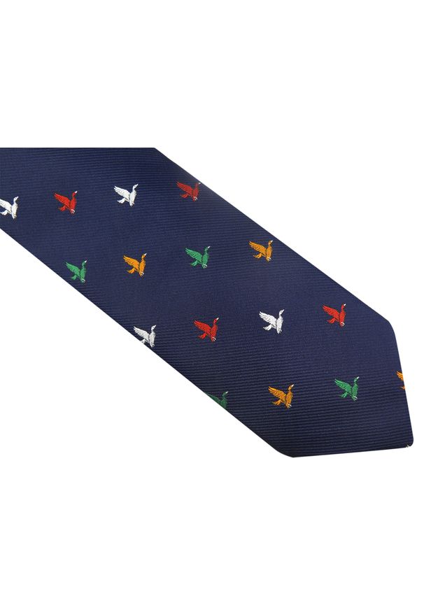 Adam Collection - Granatowy krawat w kolorowe kaczki, ptaki D82. Kolor: niebieski. Materiał: mikrofibra, tkanina. Wzór: kolorowy