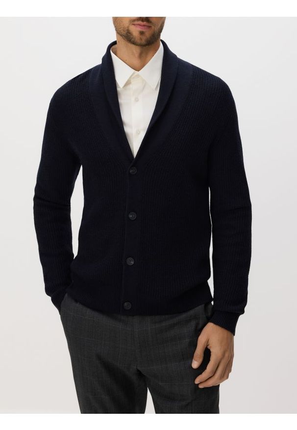 Reserved - Kardigan z wełną - granatowy. Kolor: niebieski. Materiał: wełna