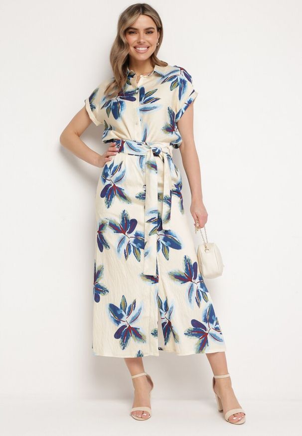 Born2be - Beżowo-Granatowa Spódnica z Wysokim Stanem Zapinana na Guziki z Materiałowym Paskiem Vanoria. Okazja: na co dzień. Stan: podwyższony. Kolor: beżowy. Materiał: materiał. Sezon: lato. Styl: casual, klasyczny, elegancki