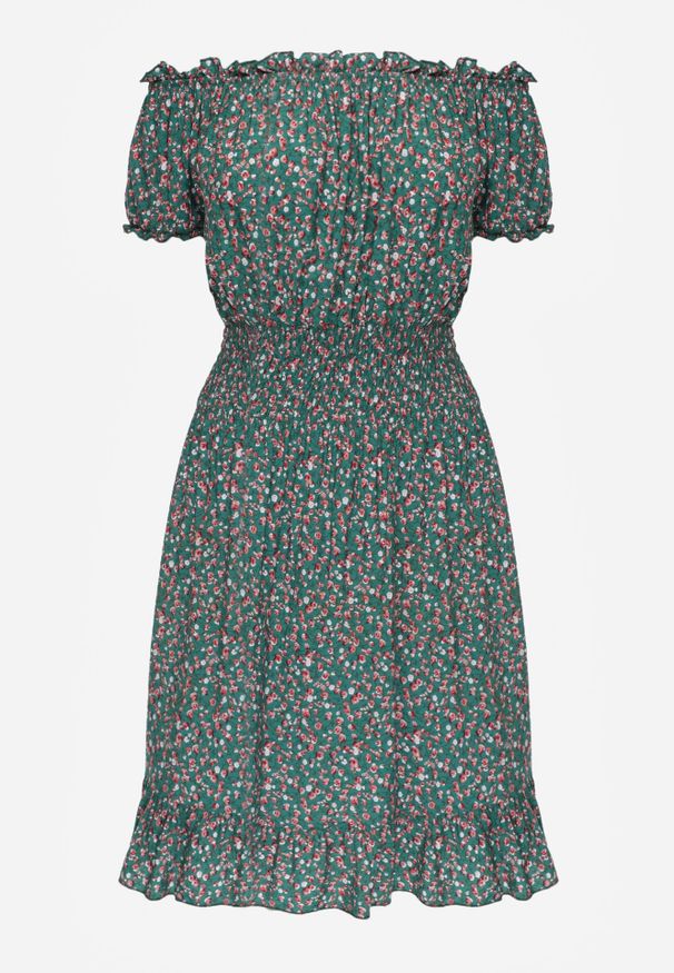 Born2be - Zielona Sukienka Hiszpanka z Bawełny z Gumką w Pasie Viliana. Okazja: na co dzień, na spacer. Typ kołnierza: dekolt hiszpanka. Kolor: zielony. Materiał: bawełna. Długość rękawa: krótki rękaw. Sezon: lato. Styl: elegancki, casual