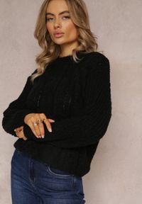 Renee - Czarny Sweter o Klasycznym Fasonie z Modnym Splotem Siloma. Okazja: na co dzień. Kolor: czarny. Wzór: ze splotem. Styl: klasyczny #5