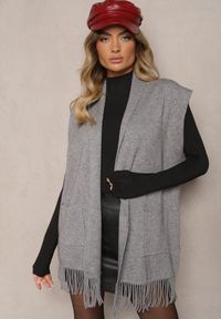 Renee - Szara Kamizelka Narzutka z Wiskozowej Dzianiny z Frędzlami i Kieszeniami Naralina. Kolor: szary. Materiał: wiskoza, dzianina. Sezon: zima