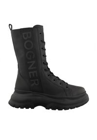 Bogner - BOGNER - Czarne skórzane botki z logo. Zapięcie: sznurówki. Kolor: czarny. Materiał: skóra. Szerokość cholewki: normalna. Styl: klasyczny
