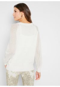 Sweter rozpinany bonprix biel wełny. Kolor: biały. Materiał: wełna. Wzór: ażurowy #7