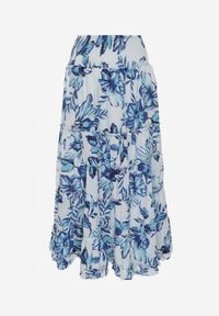 Born2be - Niebieska Bawełniana Spódnica Boho w Kwiaty z Przeszyciami w Stylu Falban Kairith. Okazja: na co dzień, na randkę. Kolor: niebieski. Materiał: bawełna. Długość: długie. Wzór: kwiaty. Sezon: lato. Styl: boho #4