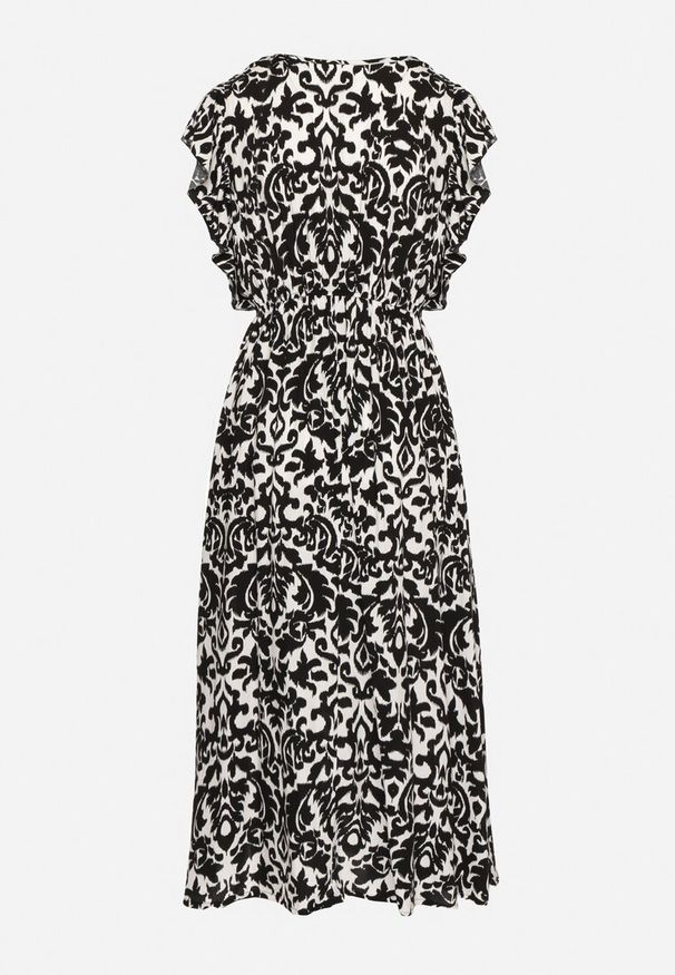 Born2be - Czarna Bawełniana Sukienka Rozkloszowana z Falbankami w Ornamentalny Wzór Zaliette. Okazja: na co dzień. Typ kołnierza: kołnierz z falbankami. Kolor: czarny. Materiał: bawełna. Długość rękawa: krótki rękaw. Styl: casual, elegancki