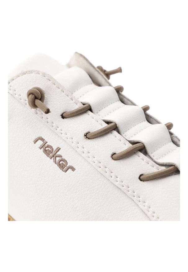 Półbuty damskie Rieker, cholewka ze skóry naturalnej gładkiej sportowa forma klasyczne sznurowanie lekka elastyczna podeszwa, białe, N42K5-80. Okazja: na co dzień. Zapięcie: sznurówki. Kolor: biały. Materiał: skóra. Szerokość cholewki: normalna. Wzór: gładki. Styl: klasyczny, sportowy