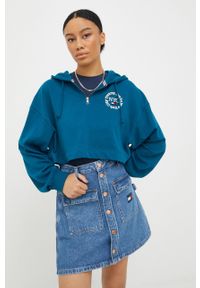 Tommy Jeans bluza DW0DW13570.9BYY damska kolor turkusowy z kapturem z aplikacją. Typ kołnierza: kaptur. Kolor: turkusowy. Materiał: bawełna, dzianina. Długość rękawa: długi rękaw. Długość: krótkie. Wzór: aplikacja #2