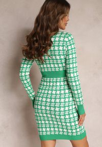 Renee - Zielona Dopasowana Sukienka Sweterkowa Lyoneme. Kolor: zielony. Materiał: tkanina, dzianina. Wzór: geometria. Długość: mini