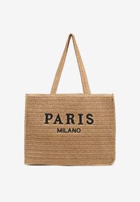 Born2be - Ciemnobeżowa Torebka Shopper z Plecionką i Ozdobnym Napisem Nilaura. Kolor: beżowy. Wzór: napisy. Styl: biznesowy, elegancki, casual