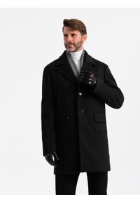 Ombre Clothing - Jednorzędowy wzorzysty płaszcz męski z kieszeniami – czarny V2 - Rozmiar: M. Typ kołnierza: kołnierz rewers. Kolor: czarny. Materiał: syntetyk, tkanina, poliester, materiał. Wzór: ze splotem