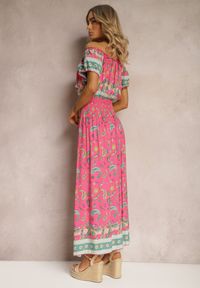 Renee - Różowa Letnia Sukienka z Bawełny o Fasonie Hiszpanki z Gumką w Pasie i Wzorem Paisley Delsina. Okazja: na imprezę. Typ kołnierza: dekolt hiszpanka. Kolor: różowy. Materiał: bawełna. Długość rękawa: krótki rękaw. Wzór: paisley. Sezon: lato. Styl: boho #5