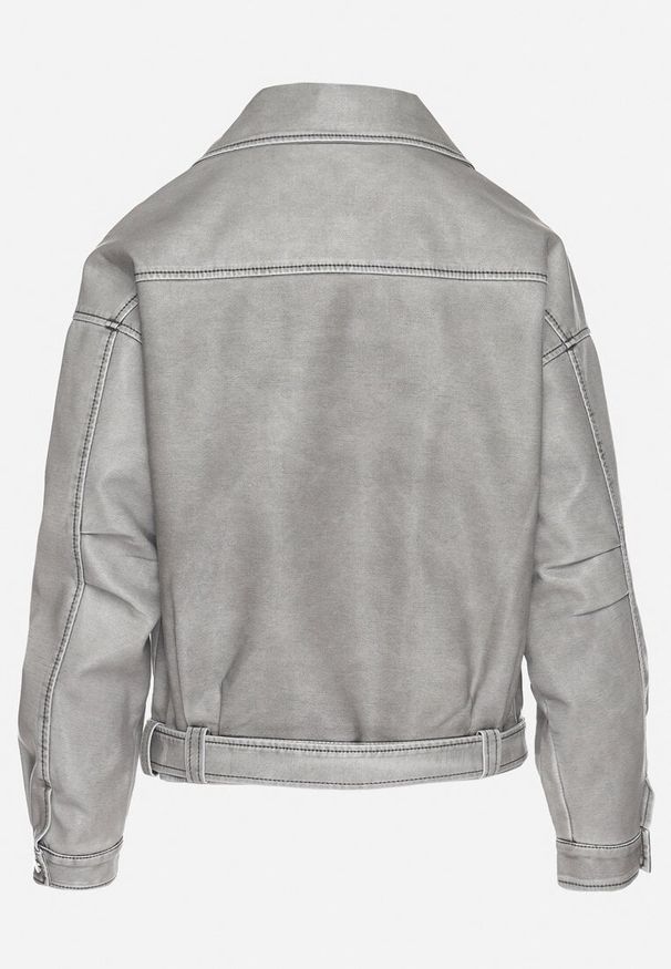 Born2be - Szara Klasyczna Kurtka Ramoneska z Paskiem Nalinea. Okazja: na co dzień. Kolor: szary. Materiał: poliester, jeans. Długość rękawa: długi rękaw. Długość: długie. Styl: klasyczny