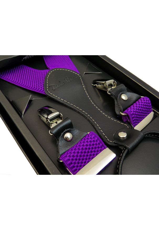 Modini - Fioletowe szelki męskie SZ17. Kolor: fioletowy. Materiał: skóra, guma, materiał