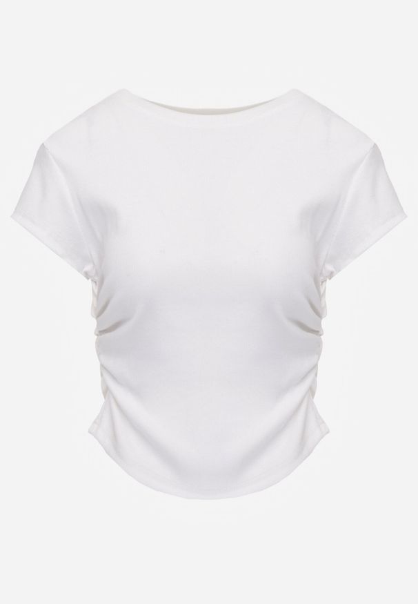 Born2be - Biały Bawełniany T-shirt w Prążki o Dopasowanym Kroju z Marszczeniem Cherita. Okazja: na co dzień. Kolor: biały. Materiał: bawełna. Wzór: prążki. Styl: casual, sportowy