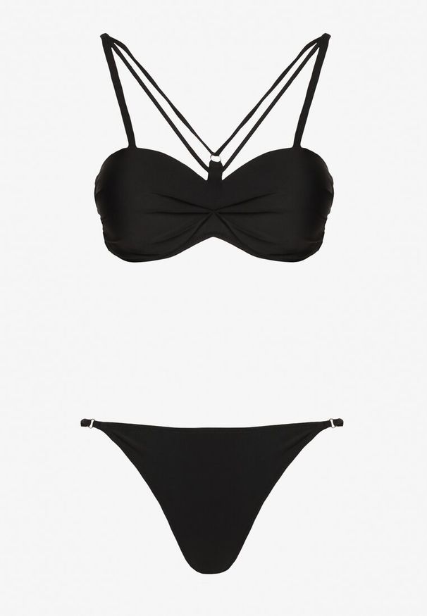 Renee - Czarne Bikini Majtki Typu Figi i Biustonosz z Ozdobnymi Paskami Fadelinna. Kolor: czarny. Wzór: paski