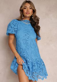 Renee - Niebieska Sukienka z Koronkowym Haftem Paisley i Bufiastymi Rękawami Briena. Kolor: niebieski. Materiał: koronka. Wzór: paisley, haft #5