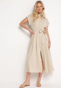Born2be - Beżowa Koszulowa Sukienka Zapinana na Guziki z Materiałowym Paskiem Moaxel. Kolor: beżowy. Materiał: materiał. Długość rękawa: krótki rękaw. Typ sukienki: koszulowe. Styl: elegancki #7