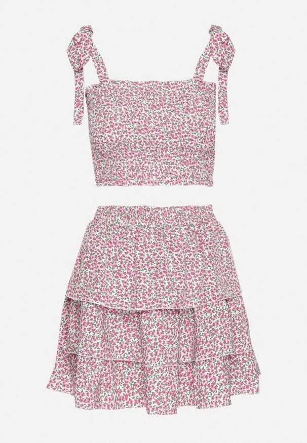 Born2be - Różowy Komplet w Kwiaty Elastyczny Top z Wiązaniami i Rozkloszowana Spódniczka Natilana. Kolor: różowy. Wzór: kwiaty