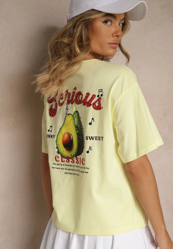 Renee - Żółty T-shirt z Bawełną ze Wzorem Awokado Tilannia. Okazja: na co dzień. Kolor: żółty. Materiał: bawełna. Styl: casual