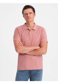 Ombre Clothing - Koszulka męska polo z dzianiny pique - różowy V7 S1374 - XXL. Typ kołnierza: polo. Kolor: różowy. Materiał: dzianina. Wzór: haft. Styl: klasyczny #3