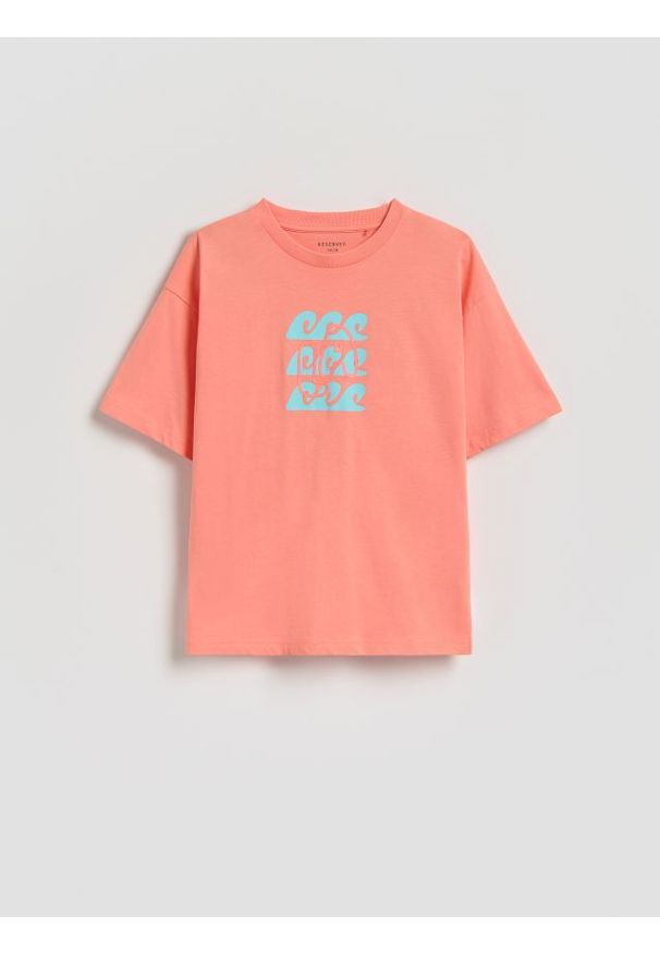 Reserved - Bawełniany t-shirt z nadrukiem - pomarańczowy. Kolor: pomarańczowy. Materiał: bawełna. Wzór: nadruk