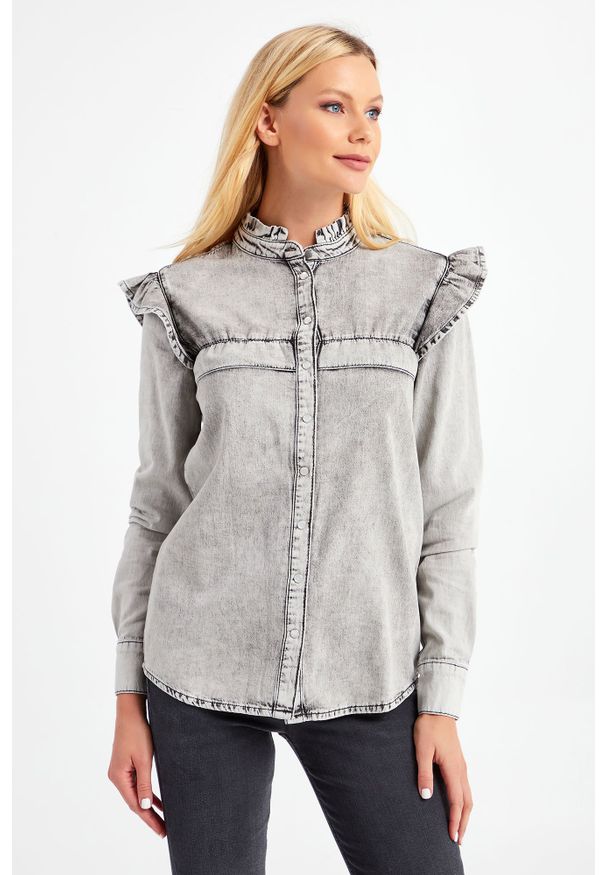 Twinset Milano - KOSZULA JEANSOWA TWINSET. Typ kołnierza: kołnierzyk stójkowy. Materiał: jeans. Długość rękawa: długi rękaw. Długość: długie