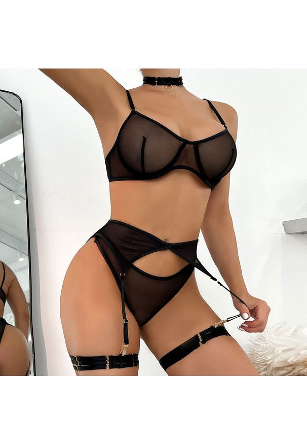 Intica - Komplet bielizny z siateczki z regulowanymi paskami Zihnija. Kolor: czarny. Wzór: paski