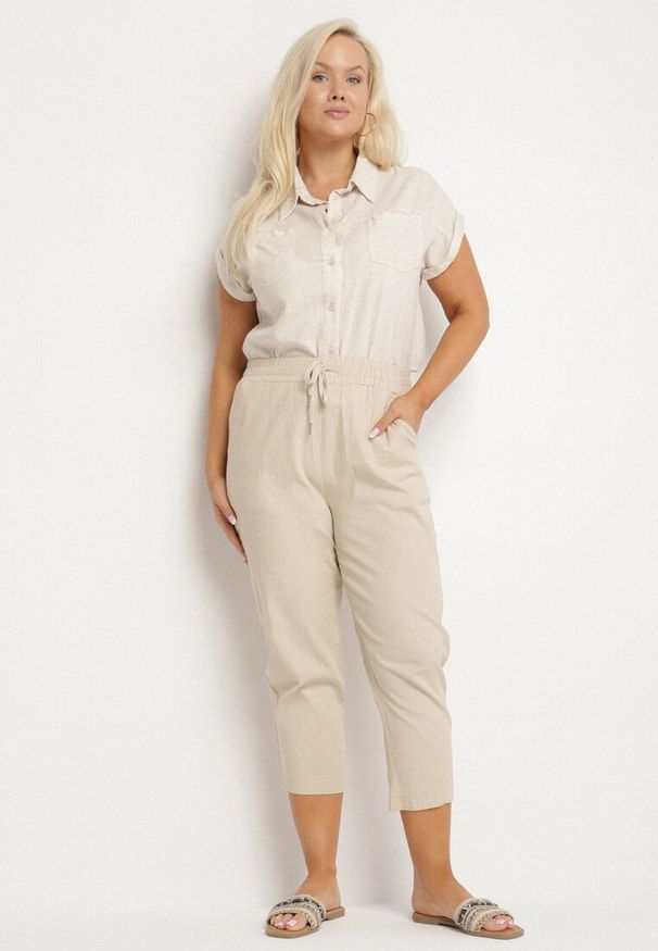 Born2be - Beżowe Spodnie z Bawełny ze Sznurkami Izeleina. Okazja: na co dzień. Kolekcja: plus size. Kolor: beżowy. Materiał: bawełna. Styl: casual