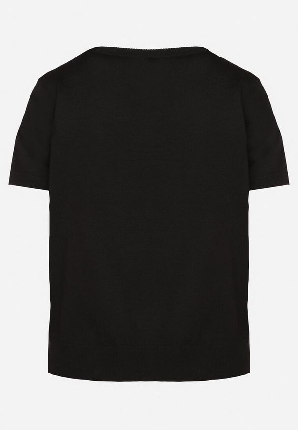 Born2be - Czarny T-shirt Ozdobiony Naszywkami Perełkami i Cyrkoniami Karavia. Okazja: na spacer, na co dzień. Kolor: czarny. Materiał: jeans. Wzór: aplikacja. Styl: casual, klasyczny