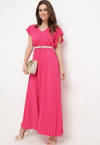 Born2be - Ciemnoróżowa Plisowana Sukienka Maxi Rozkloszowana z Luźnymi Rękawkami Serahpine. Okazja: na co dzień, na spacer, na imprezę. Kolor: różowy. Długość rękawa: krótki rękaw. Typ sukienki: proste. Styl: casual. Długość: maxi #5