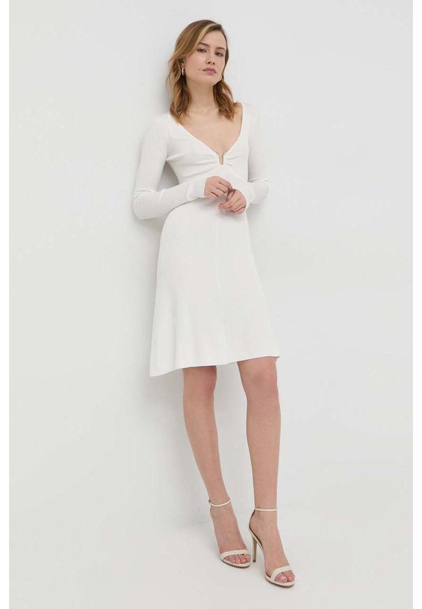 Guess sukienka kolor beżowy mini rozkloszowana. Kolor: beżowy. Materiał: materiał, dzianina. Długość rękawa: długi rękaw. Długość: mini