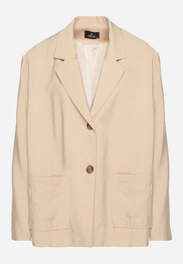 Born2be - Beżowa Marynarka Oversize Pudełkowa z Kieszeniami z Modalu Mavelisse. Okazja: na co dzień. Kolor: beżowy. Materiał: jeans. Styl: casual, elegancki